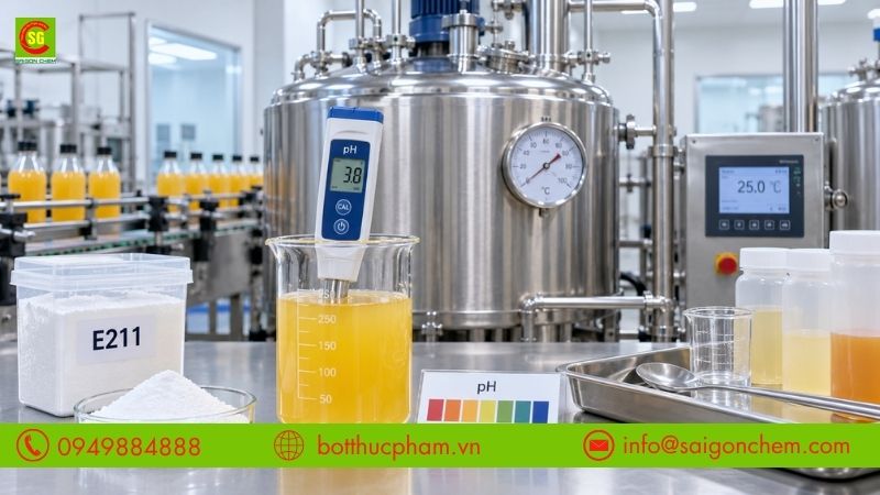 Kiểm so&aacute;t độ pH v&agrave; điều kiện sản xuất khi d&ugrave;ng chất bảo quản E211